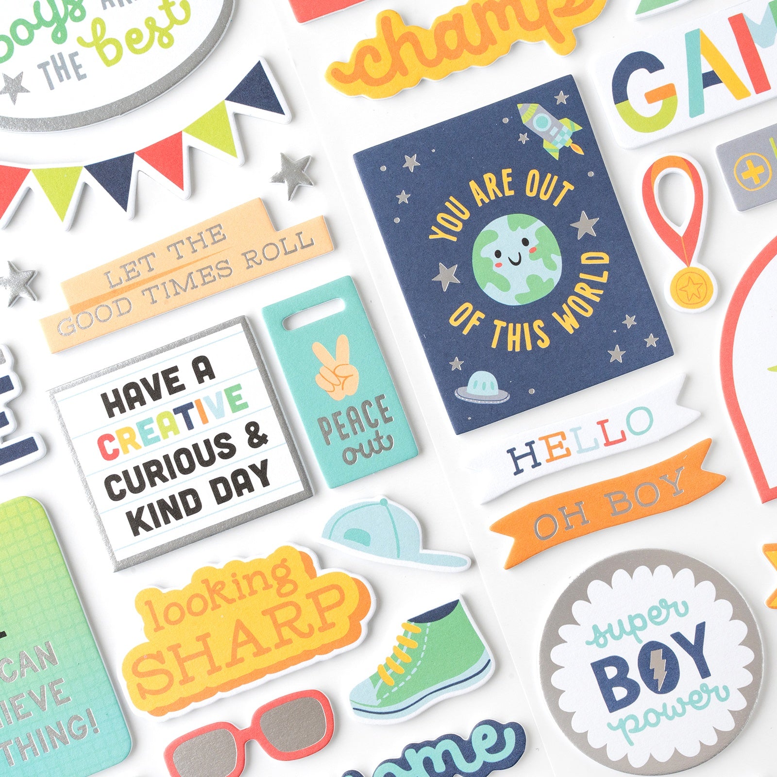 Pebbles Cool Boy Thickers Stickers - Phrase, Silver Foil,  50 Pieces