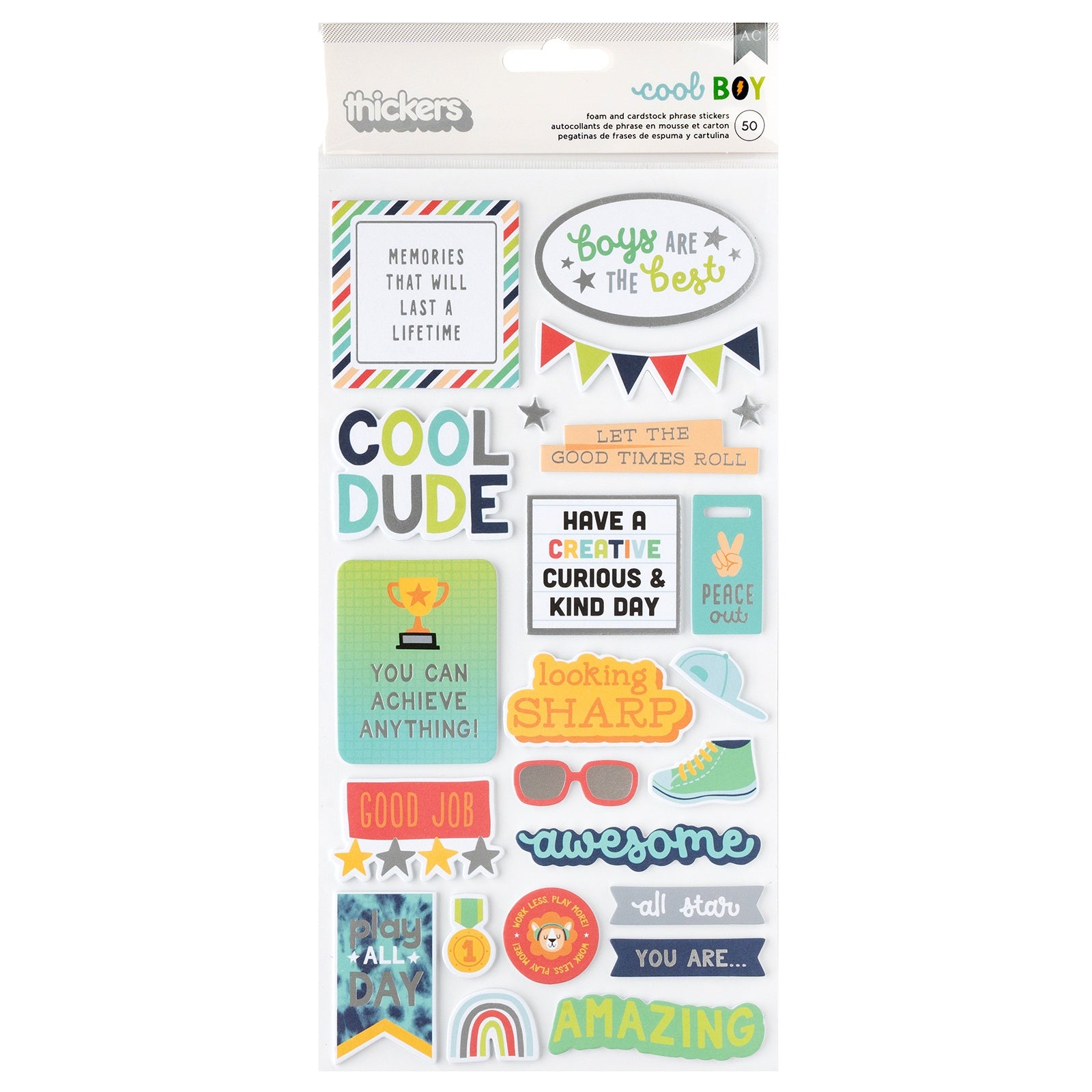 Pebbles Cool Boy Thickers Stickers - Phrase, Silver Foil,  50 Pieces