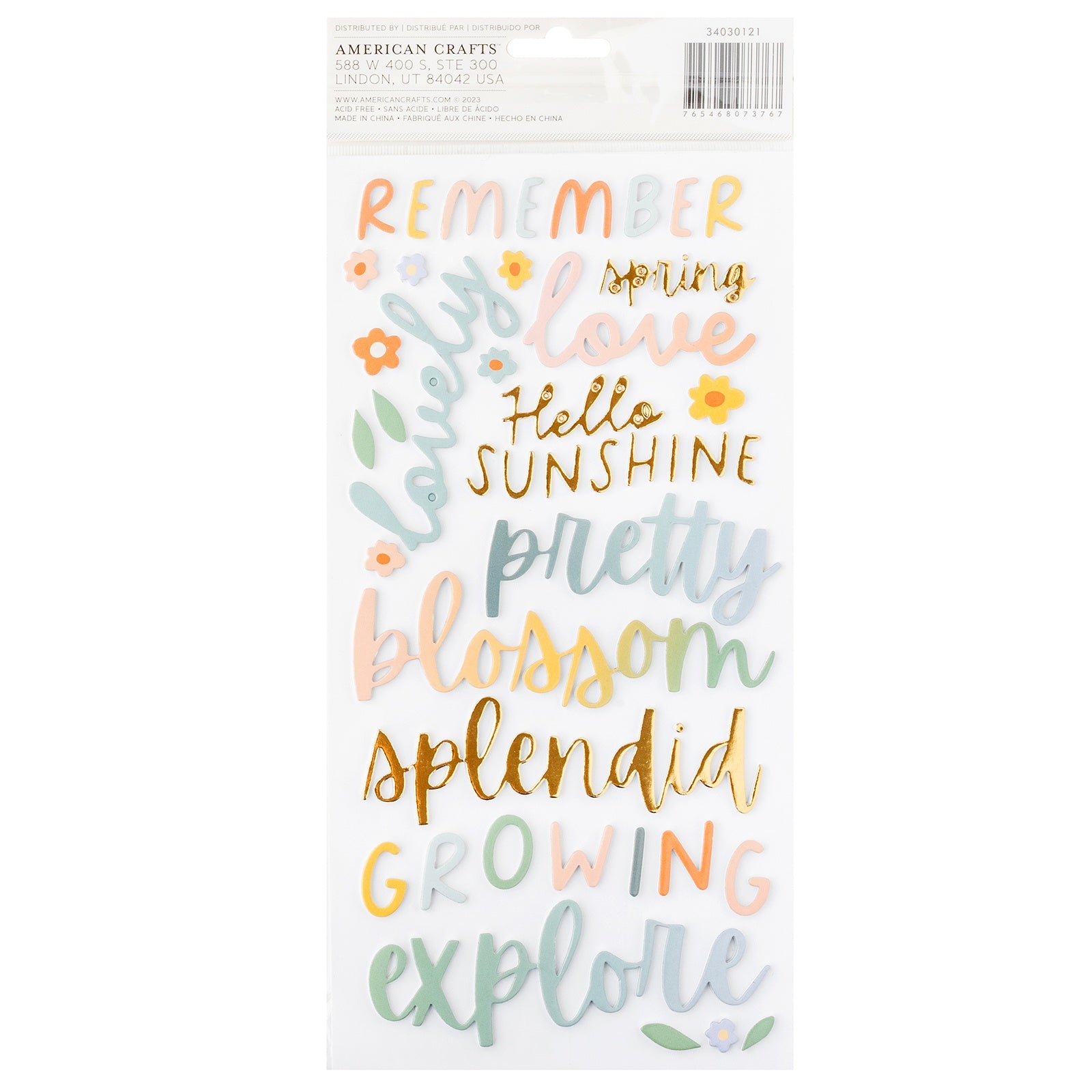 Pebbles Sunny Bloom Thickers Stickers - Phrase, Gold Foil Foam,  80 Pieces