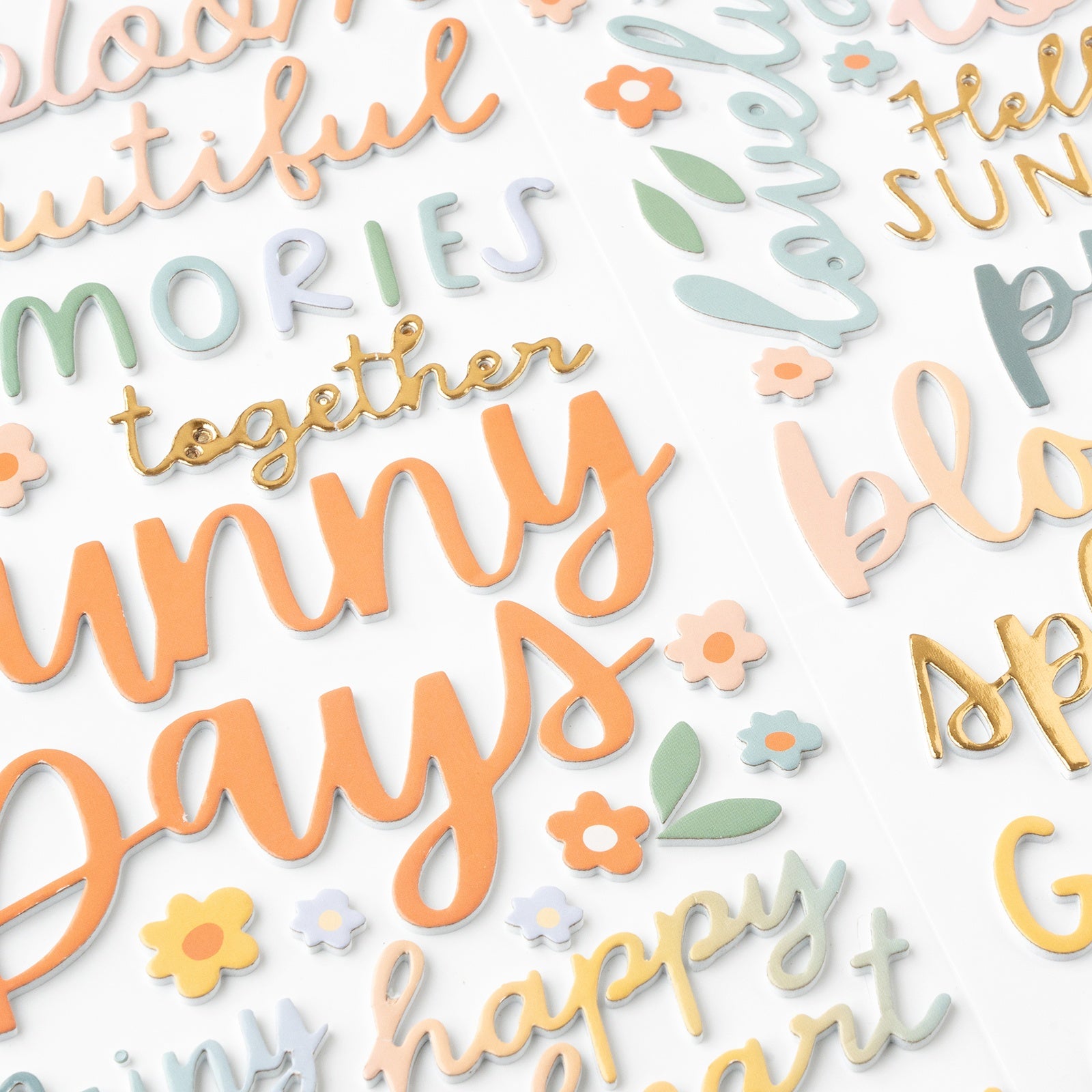 Pebbles Sunny Bloom Thickers Stickers - Phrase, Gold Foil Foam,  80 Pieces