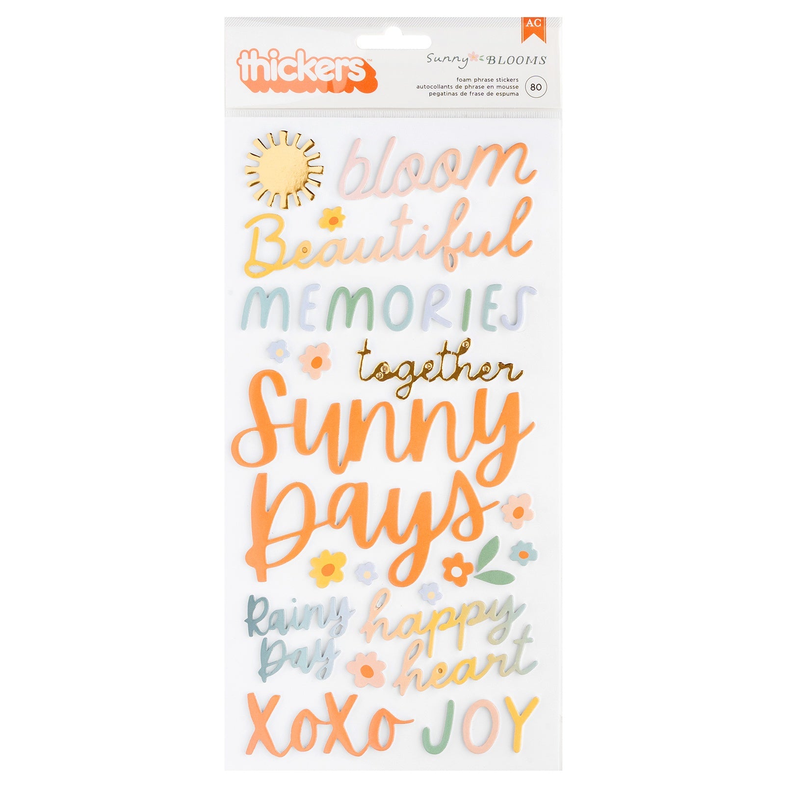 Pebbles Sunny Bloom Thickers Stickers - Phrase, Gold Foil Foam,  80 Pieces