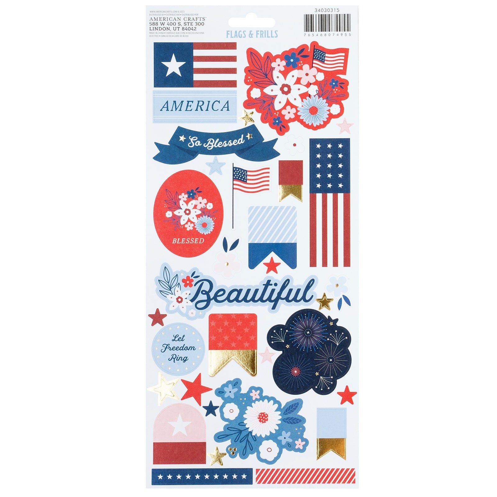 American Crafts Flags And Frills Cardstock Stickers 6"X12" - Gold Foil Icons, 70 Pieces