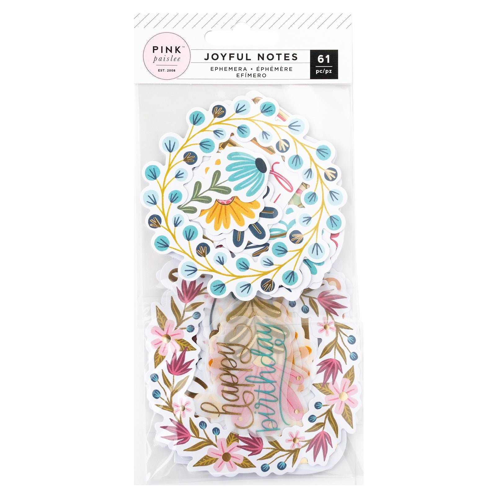 Pink Paislee Joyful Notes Ephemera Die Cuts- Vellum And Gold Foil Icons