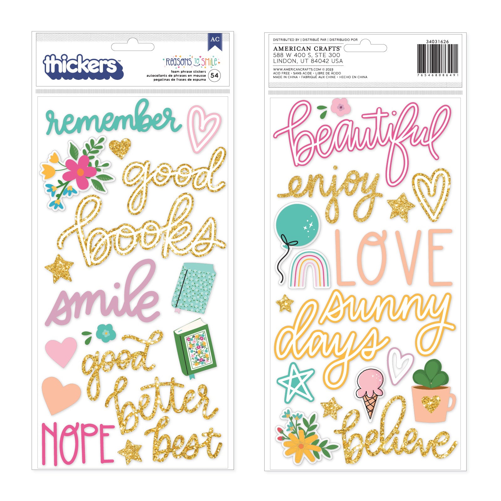 Shimelle Reasons To Smile Thickers Phrases Stickers, 54 pcs