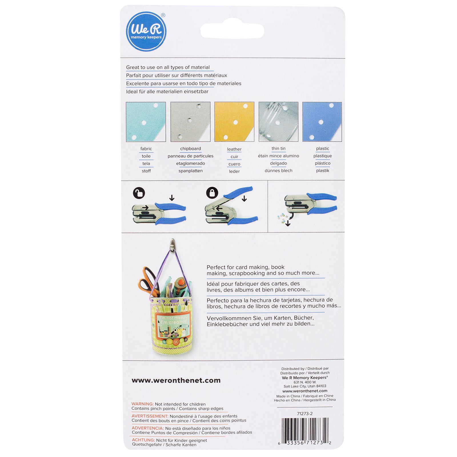 Back of packaging for We R Makers Crop-A-Dile Power Punch - 1/16"