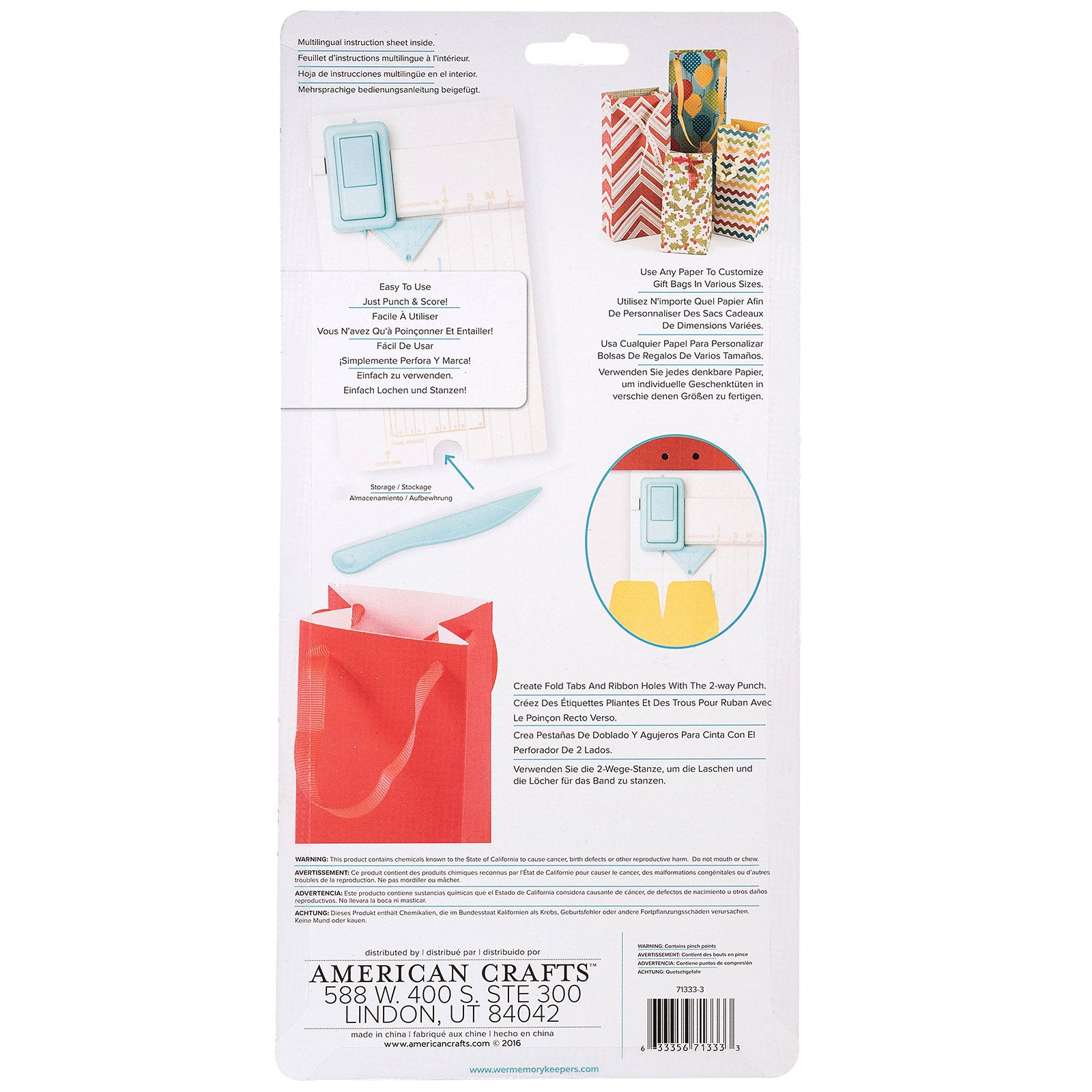Back of packaging for We R Makers Gift Bag Punch Board