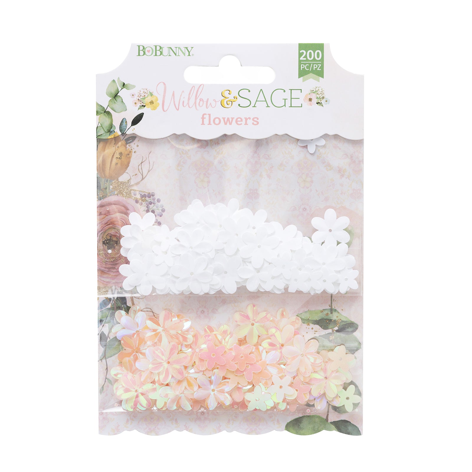 Packaged floral embellishments with 'Willow & Sage Flowers' branding on a white background