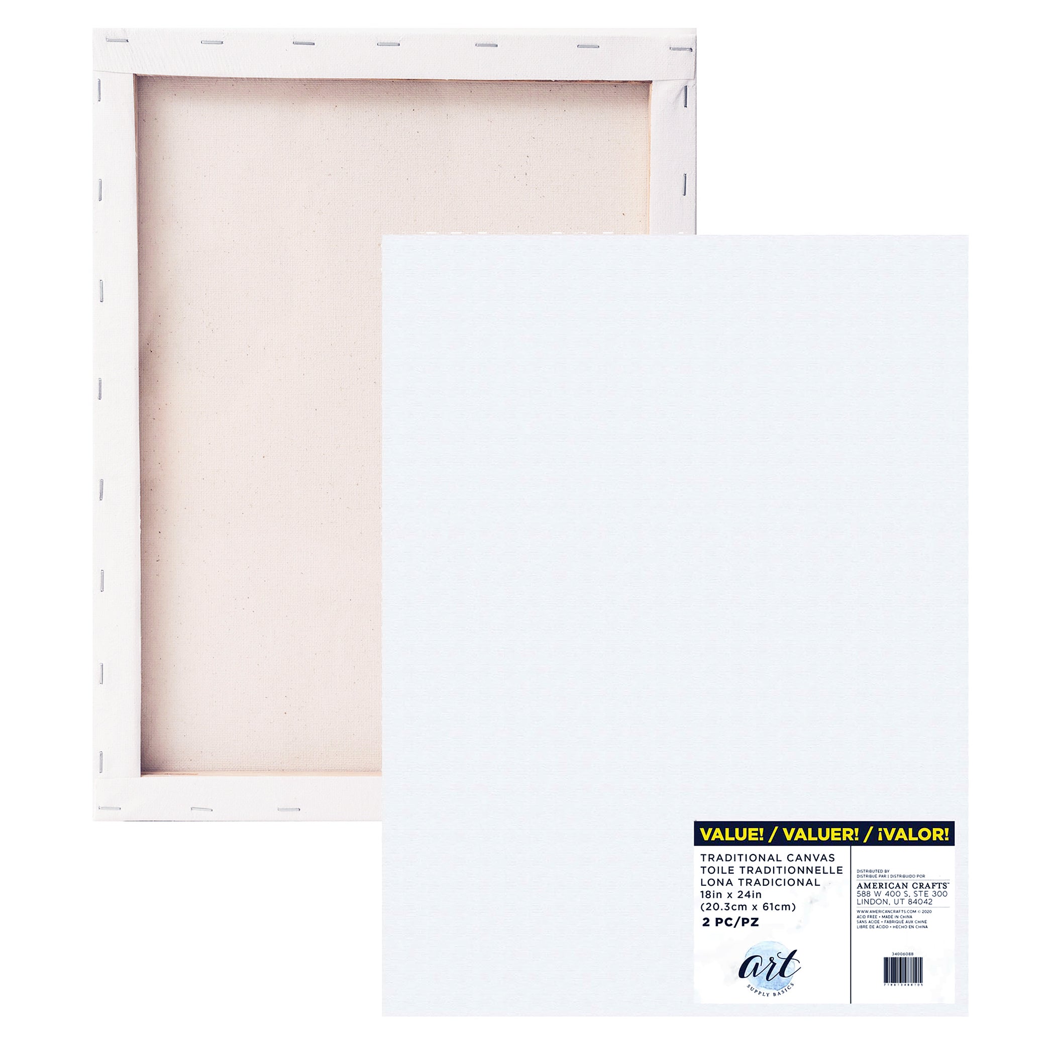 American Crafts Art Supply Basics Stretched Canvas 2 packs - Available in Multiple Sizes