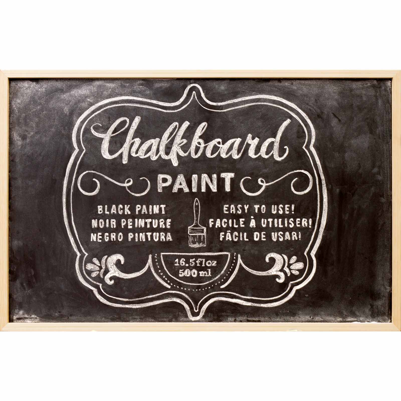 Chalkboard with writing that say Chalkboard Paint Black Paint, Easy to Use