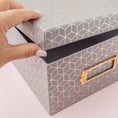 Load image into Gallery viewer, Close up of DCWV Photo Box Storage with Bookplate with hand opening lid of box
