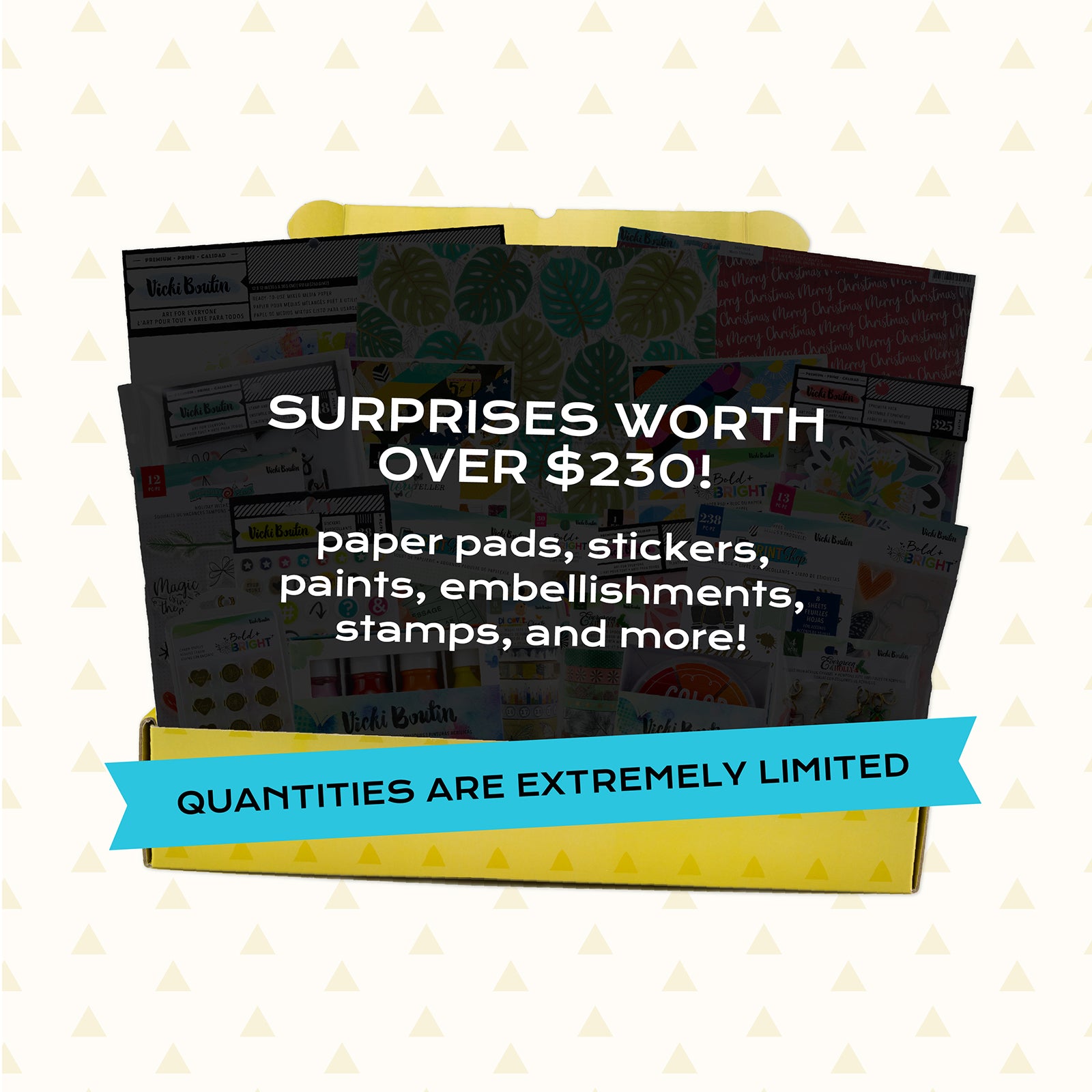 Stack of paper pads with promotional text on a patterned background