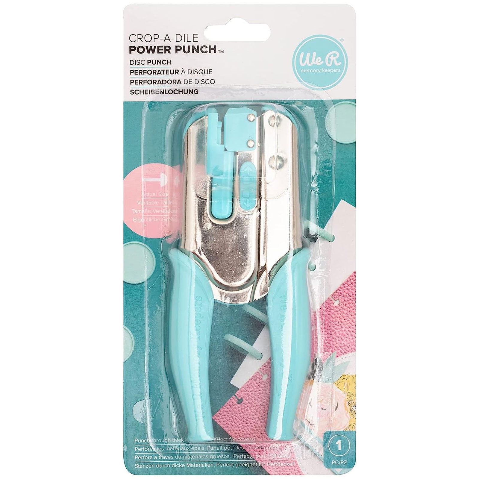 Front of packaging for We R Makers Crop-A-Dile Power Disc Punch