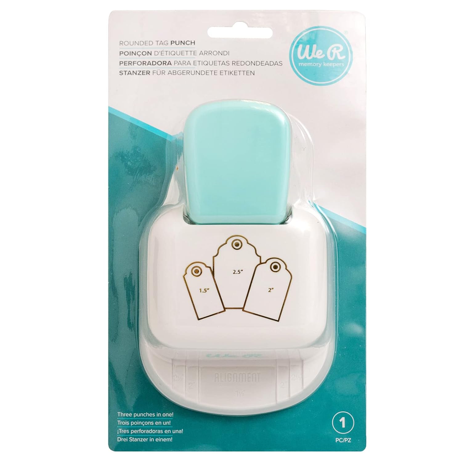 Front packaging of the We R Makers 3-in-1 Rounded Tag Punch.