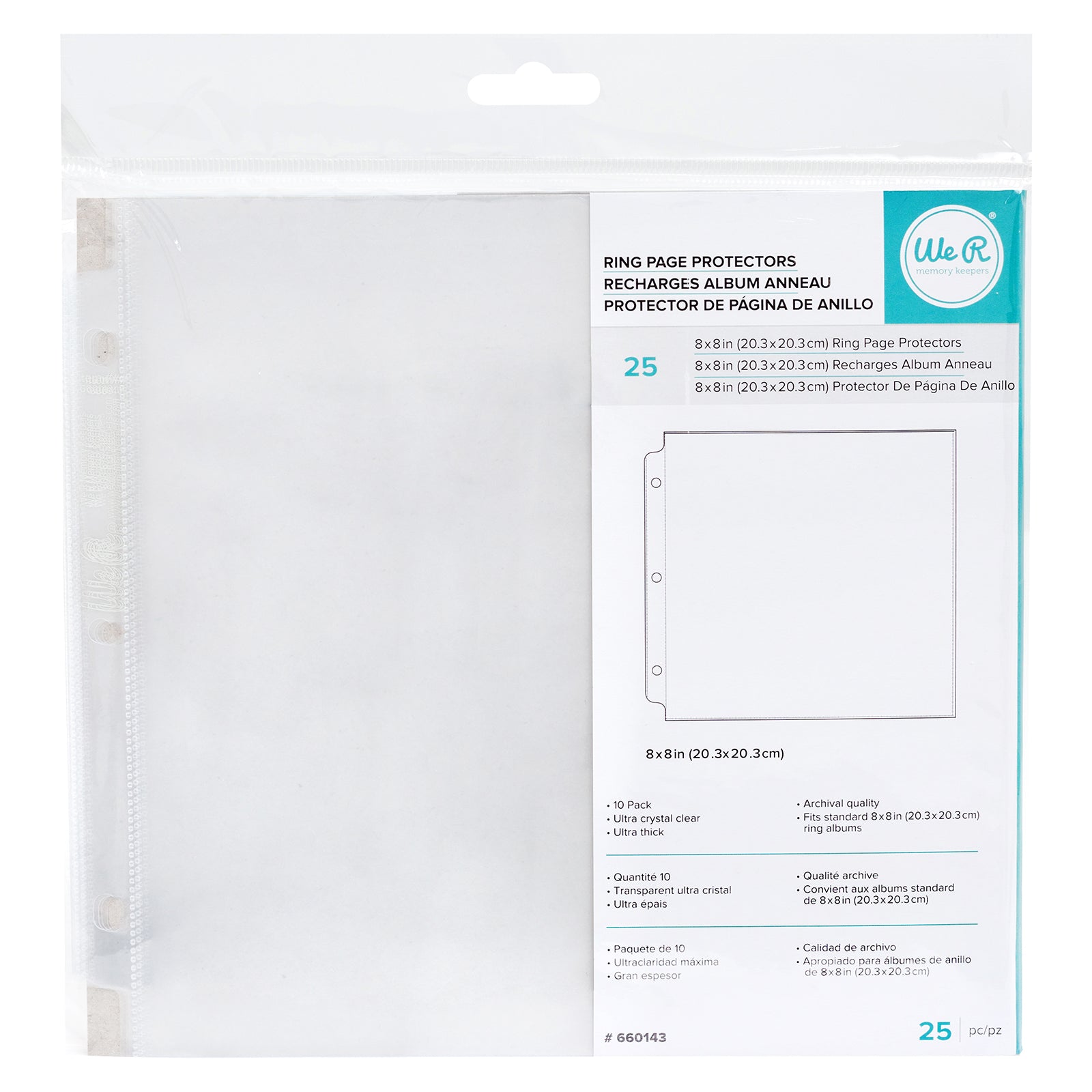 Front packaging of the We R Makers 8x8 Non-Glare Page Protectors - 25 Pack.