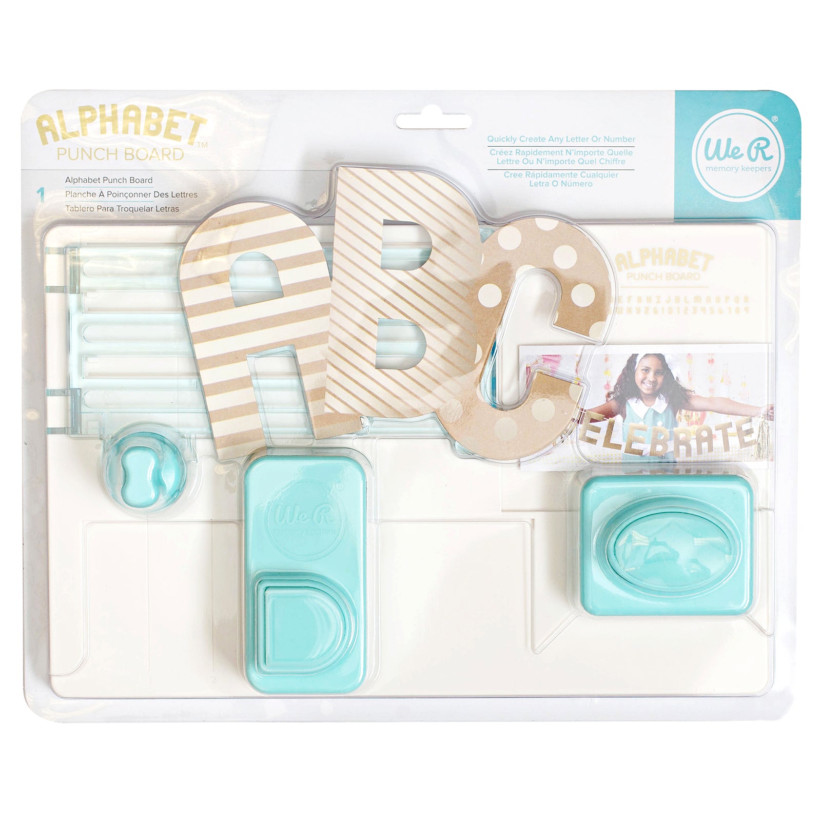 Front packaging of the We R Makers Alphabet Punch Board.