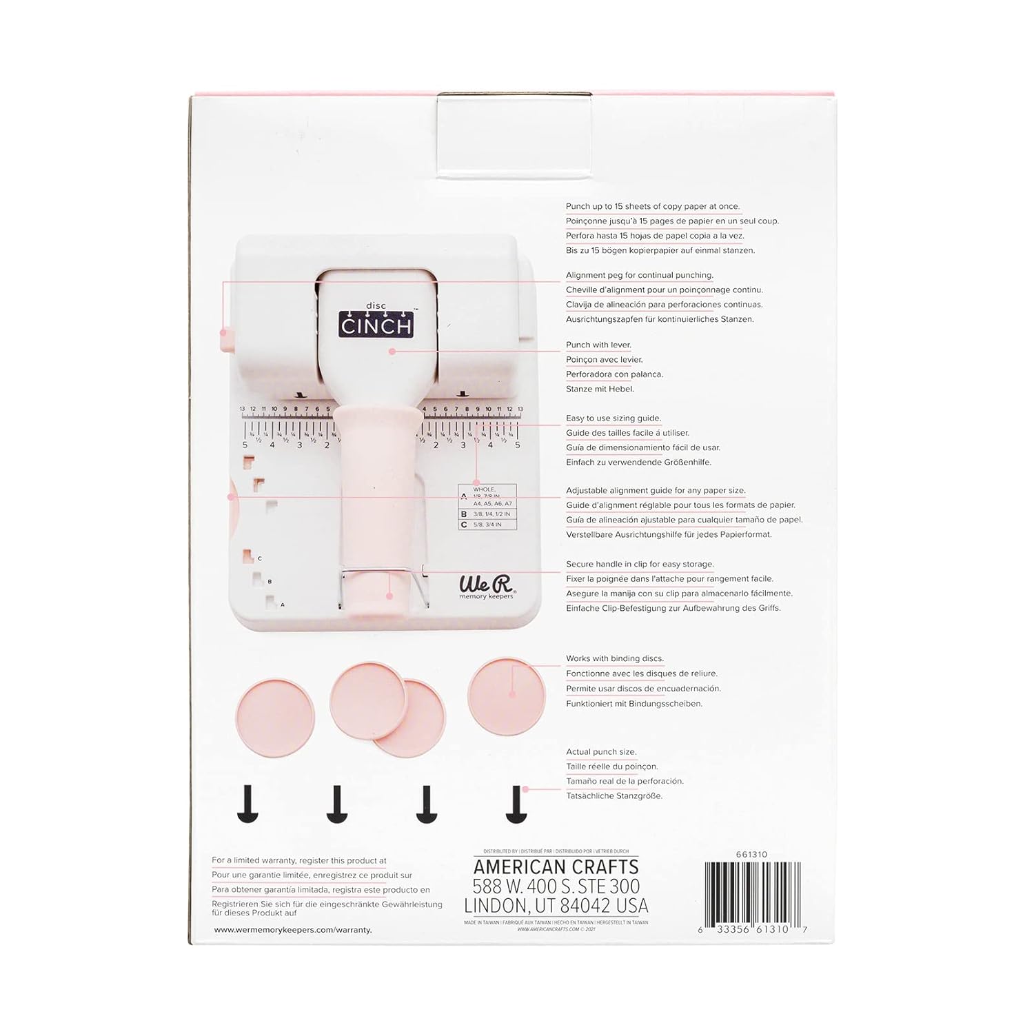 Back of packaging for We R Makers Disc Cinch Book Binding Machine