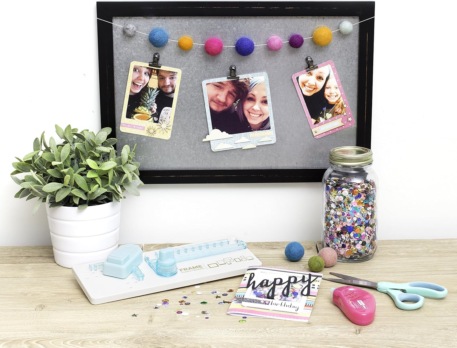 Lifestyle image of decorations created by using the We R Makers Frame Punch Board.