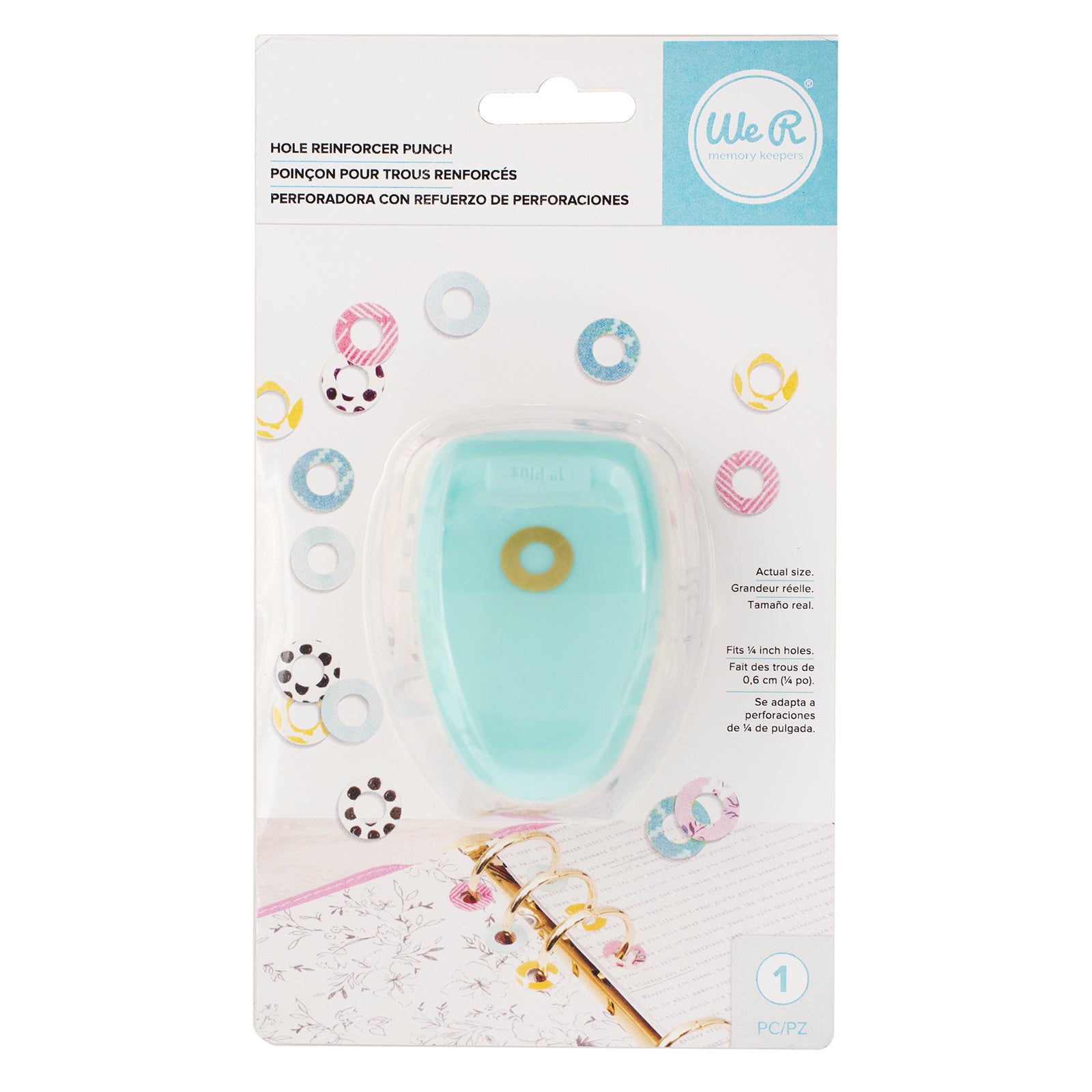 Front packaging of the We R Makers Hole Reinforcer Punch.