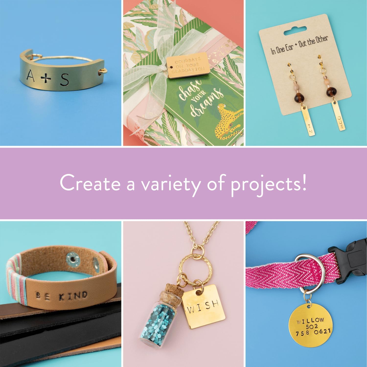 Picture of different crafts you can create using the We R Makers Jewelry Press Kit Machine.