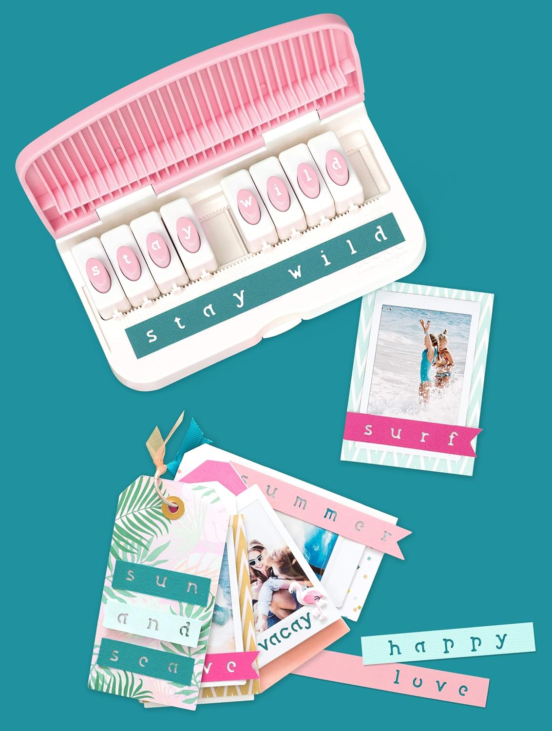 Lifestyle image of the We R Makers Lower Case Alphabet Punch Board with crafts.