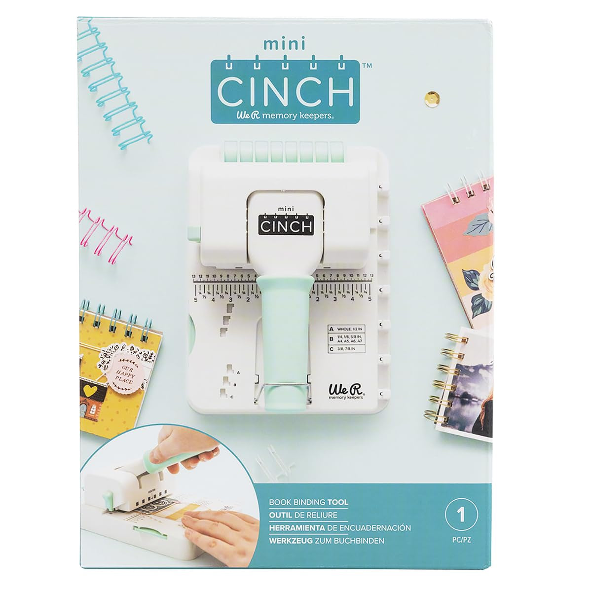 Front packaging of the We R Makers Mini Cinch Book Binding Machine.