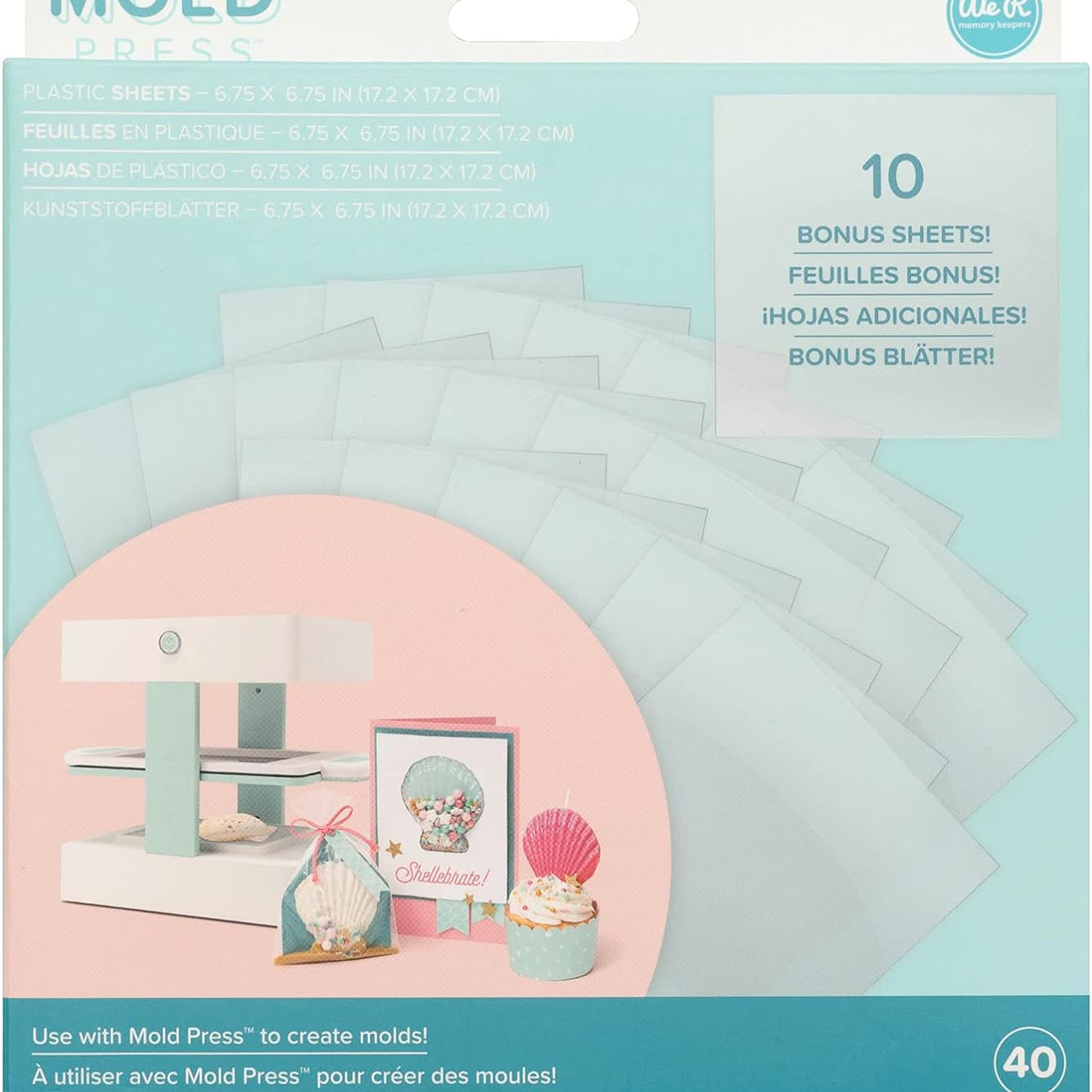 Front packaging of the We R Makers Mold Press Clear Plastic Sheets - 40 Pack.