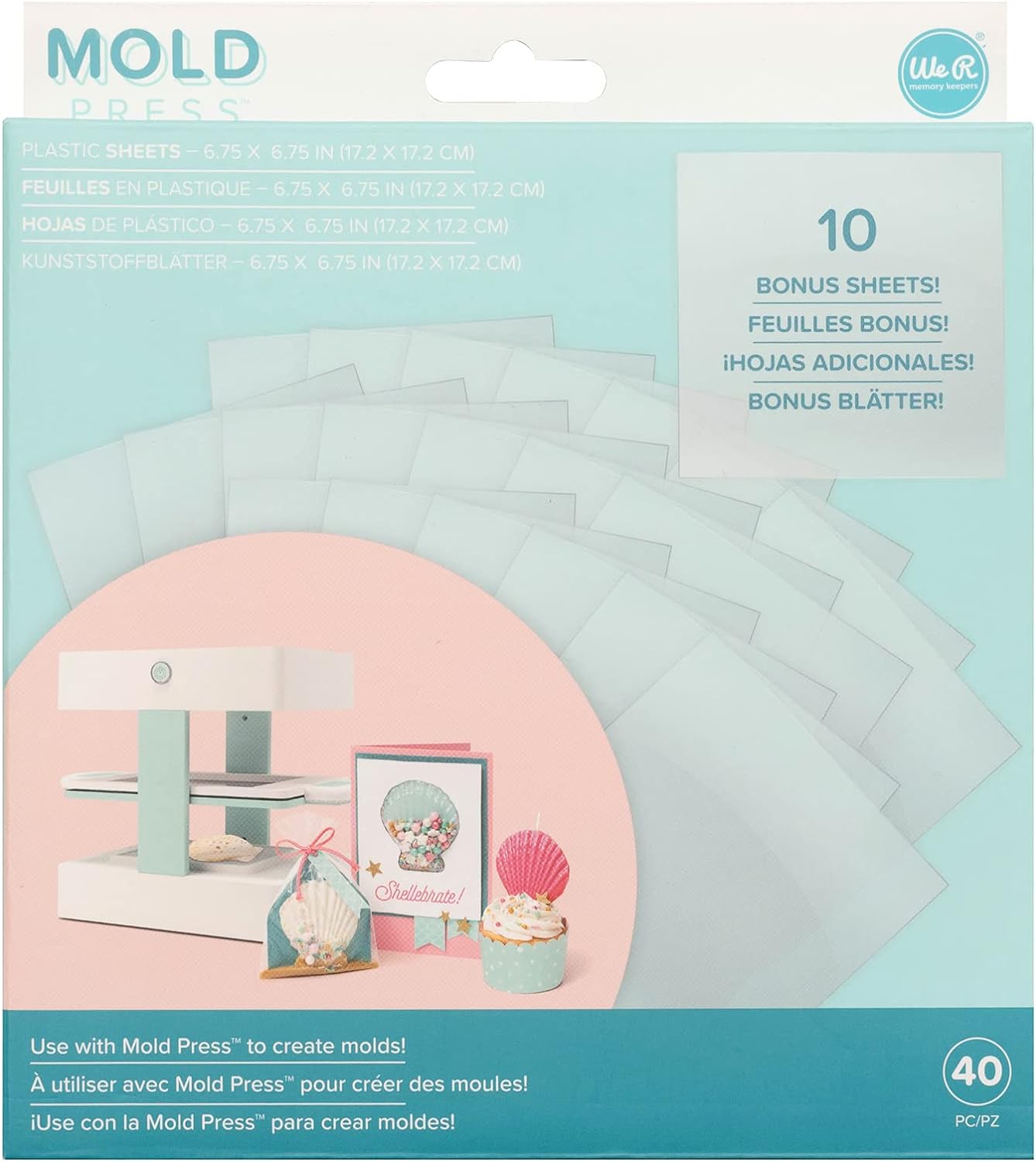 Front packaging of the We R Makers Mold Press Clear Plastic Sheets - 40 Pack.
