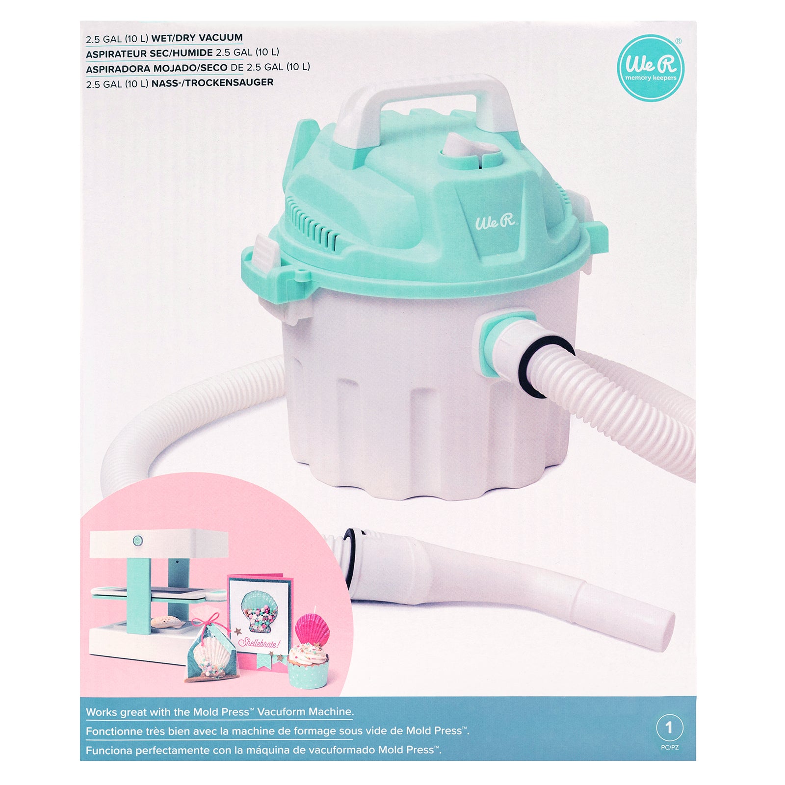 Front packaging of the We R Makers Mold Press Wet/Dry Vacuum.