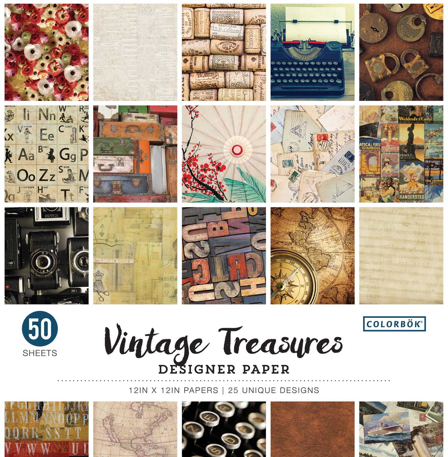 Colorbok 68lb Designer Single-Sided Paper 12"X12" 50/Pkg-Vintage Treasures, 25 Designs/2 Each