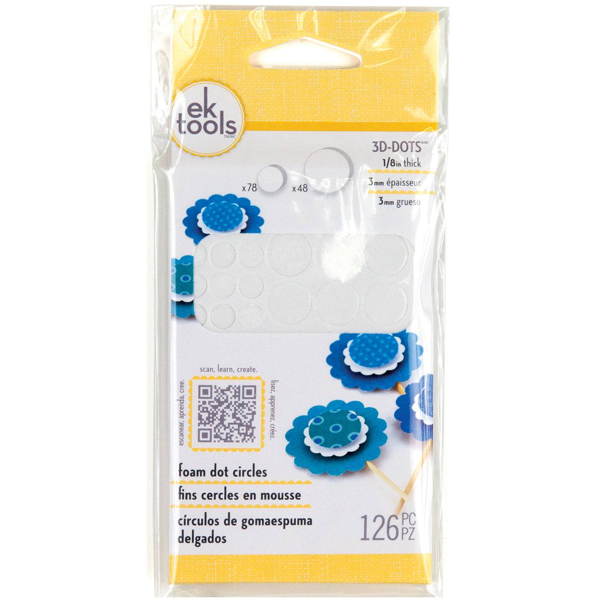 EK Tools 3D Dots Foam Dot Adhesive - 0.125" Thick White Circles, 126 pack