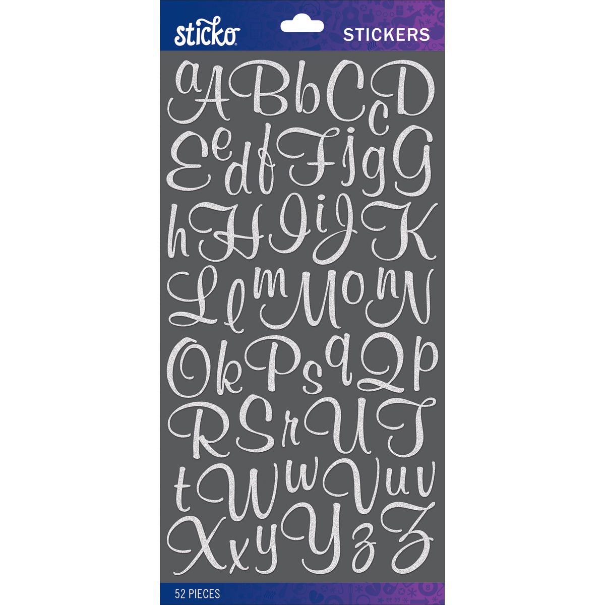 Sticko Alphabet Stickers - Script Small, White Glitter, 52pcs
