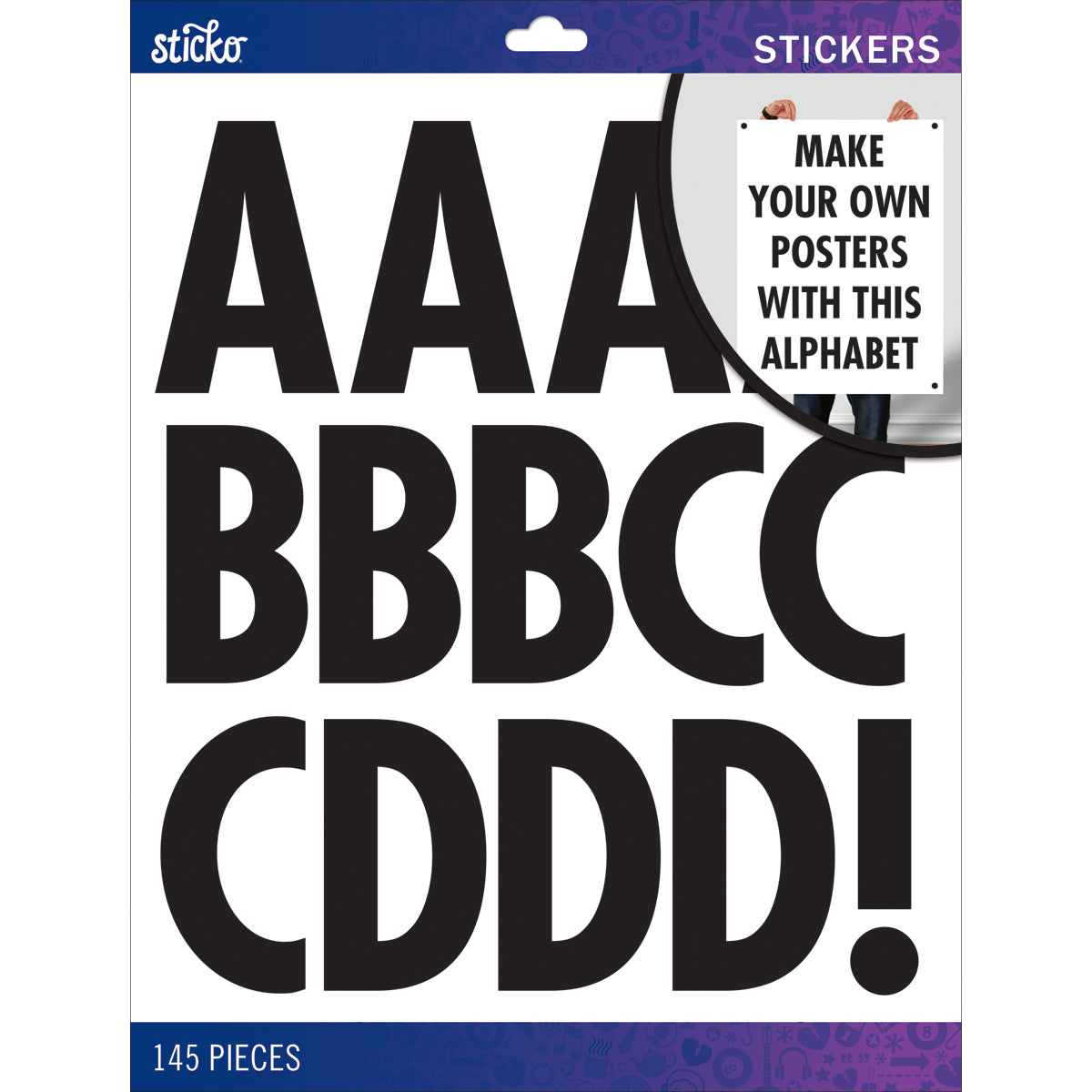 Sticko Alphabet Stickers - Futura Regular XL, Black, 145pcs