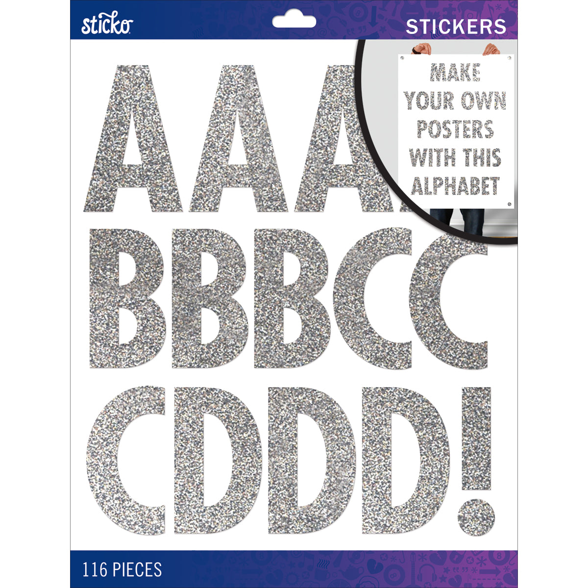 Sticko Alphabet Stickers - Futura Regular XL, Silver Glitter, 116pcs