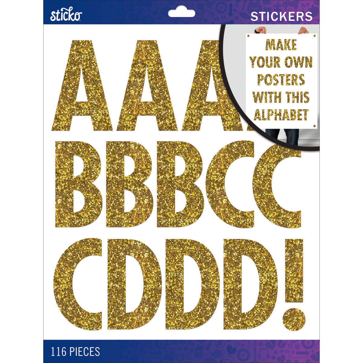 Sticko Alphabet Stickers - Futura Regular XL, Gold Glitter, 116pcs