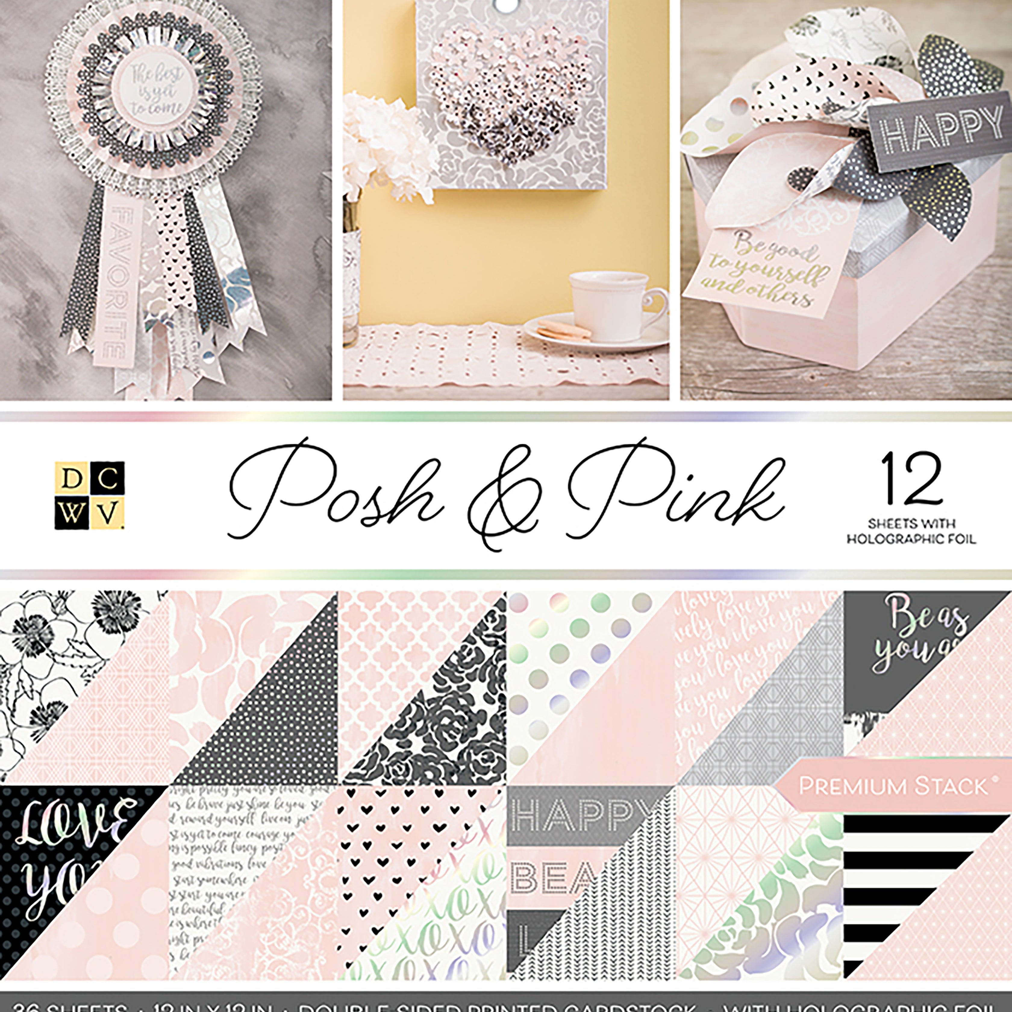DCWV Double-Sided 12x12" Cardstock Stack - Posh & Pink, with Foil