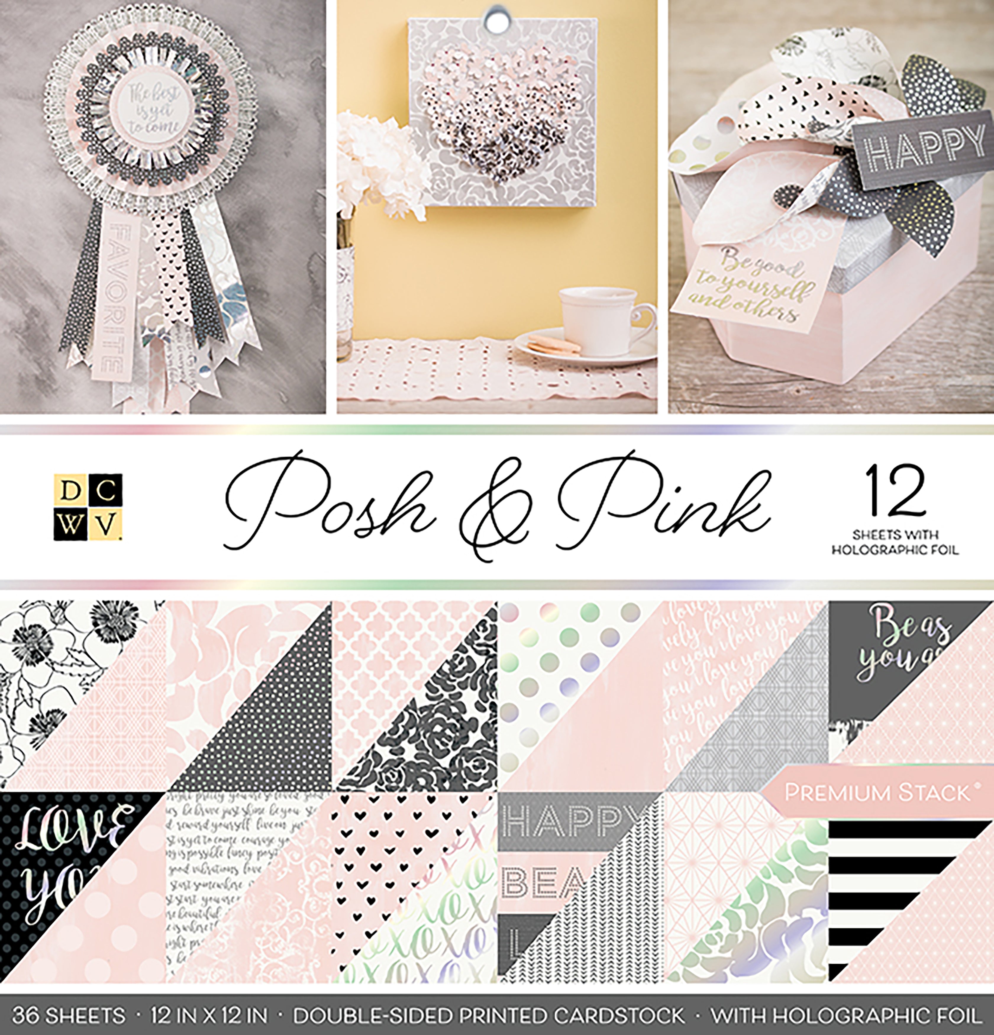 DCWV Double-Sided 12x12" Cardstock Stack - Posh & Pink, with Foil