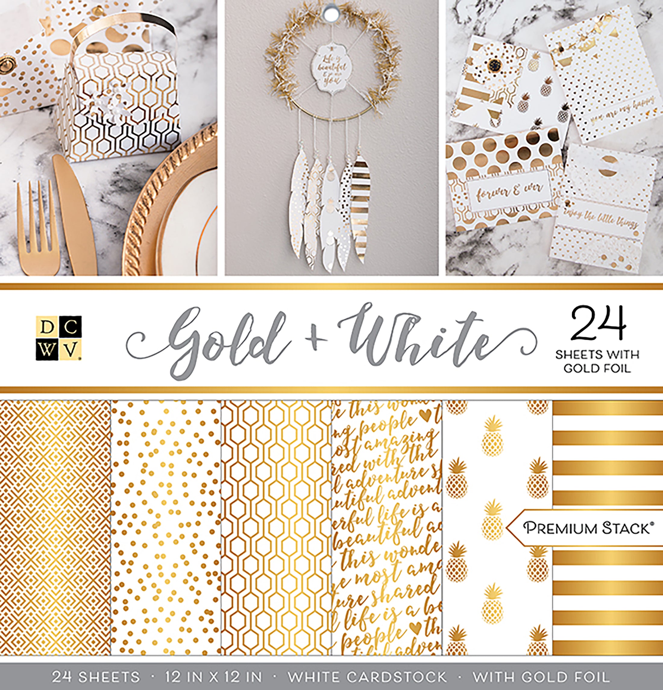 DCWV Single-Sided Cardstock Stack 12"X12" 24/Pkg-Gold & White, 12 Des/2 Each, Half W/Foil