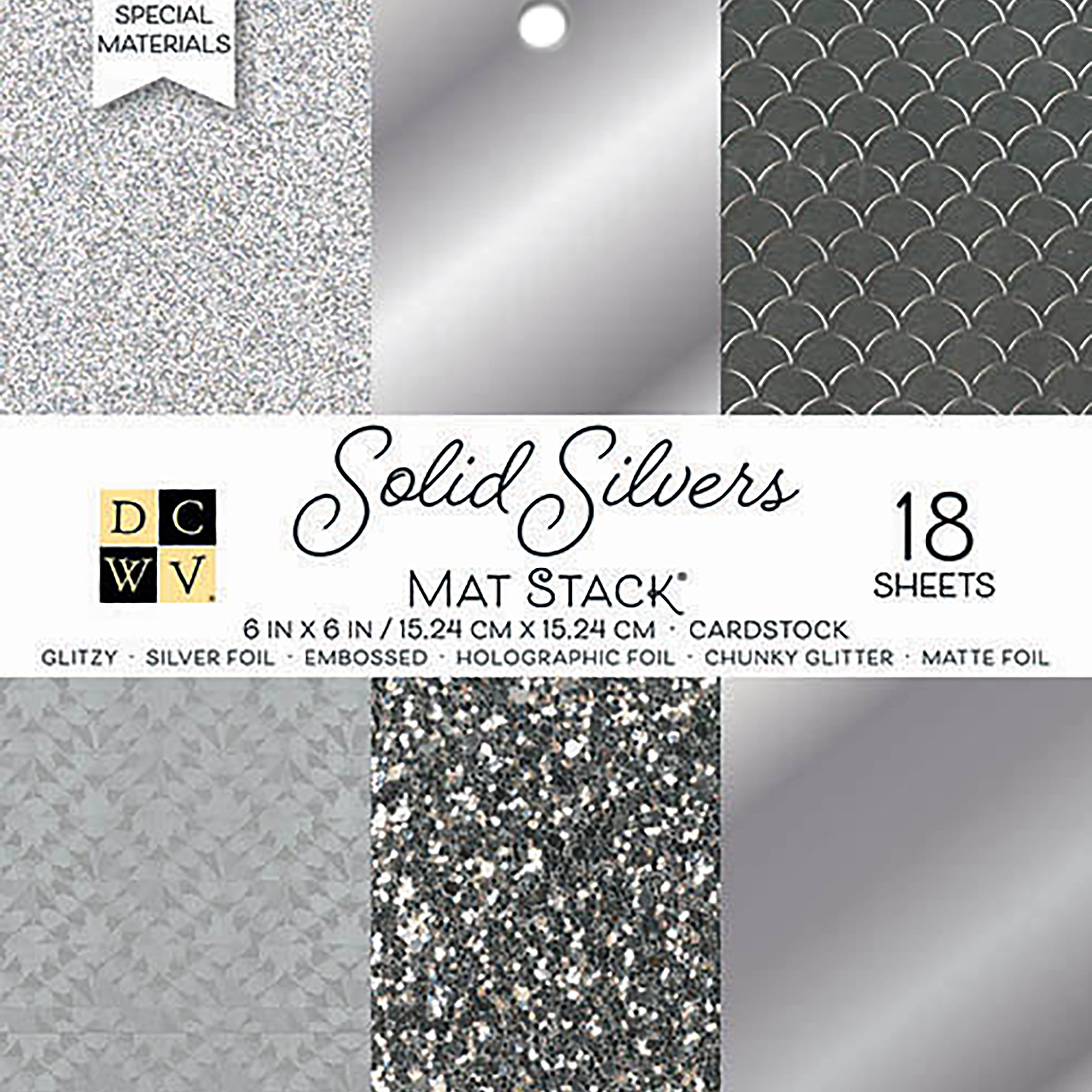 DCWV 6x6" Cardstock Stack - Solid Silvers Glitter & Foil
