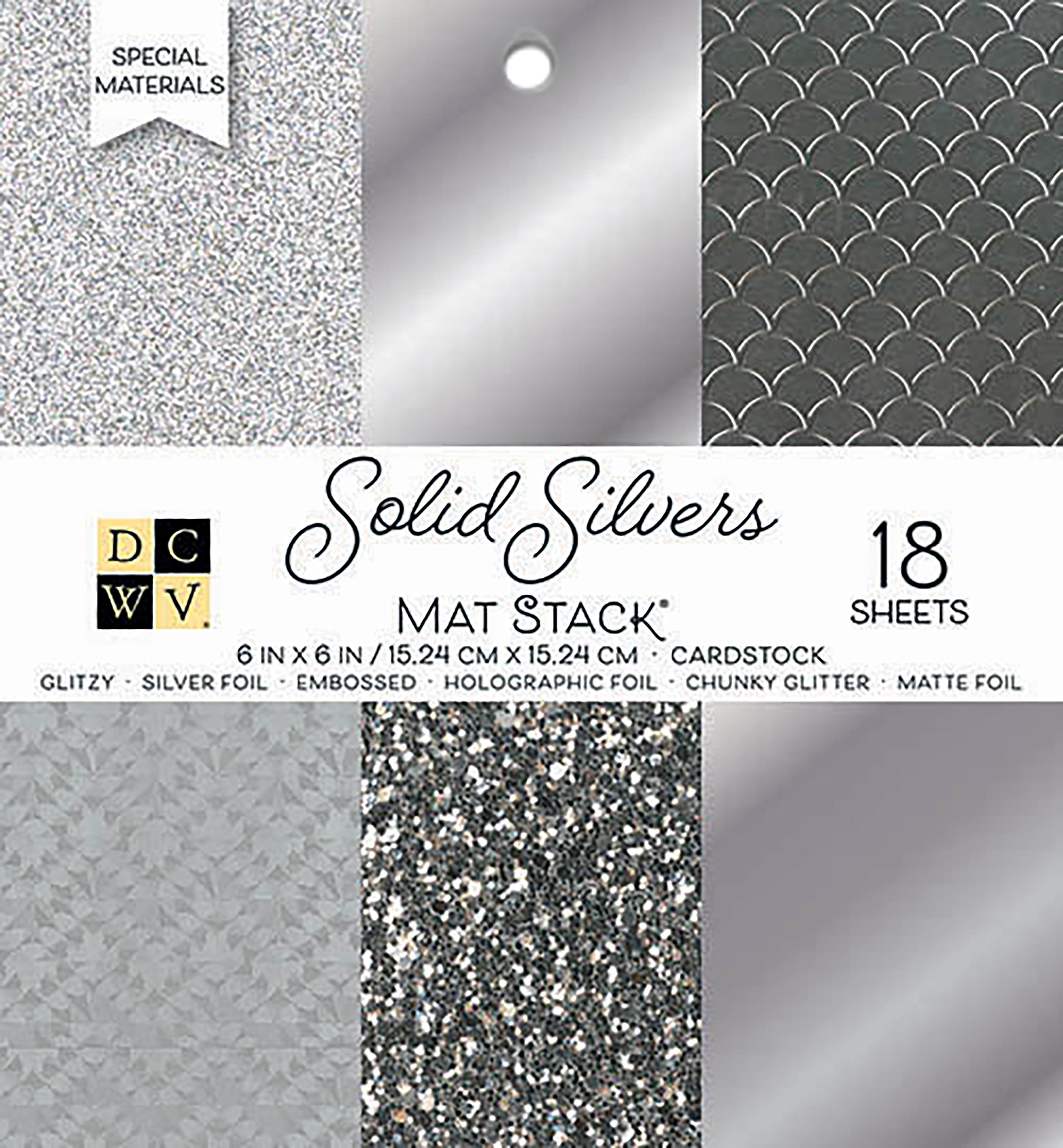 DCWV 6x6" Cardstock Stack - Solid Silvers Glitter & Foil