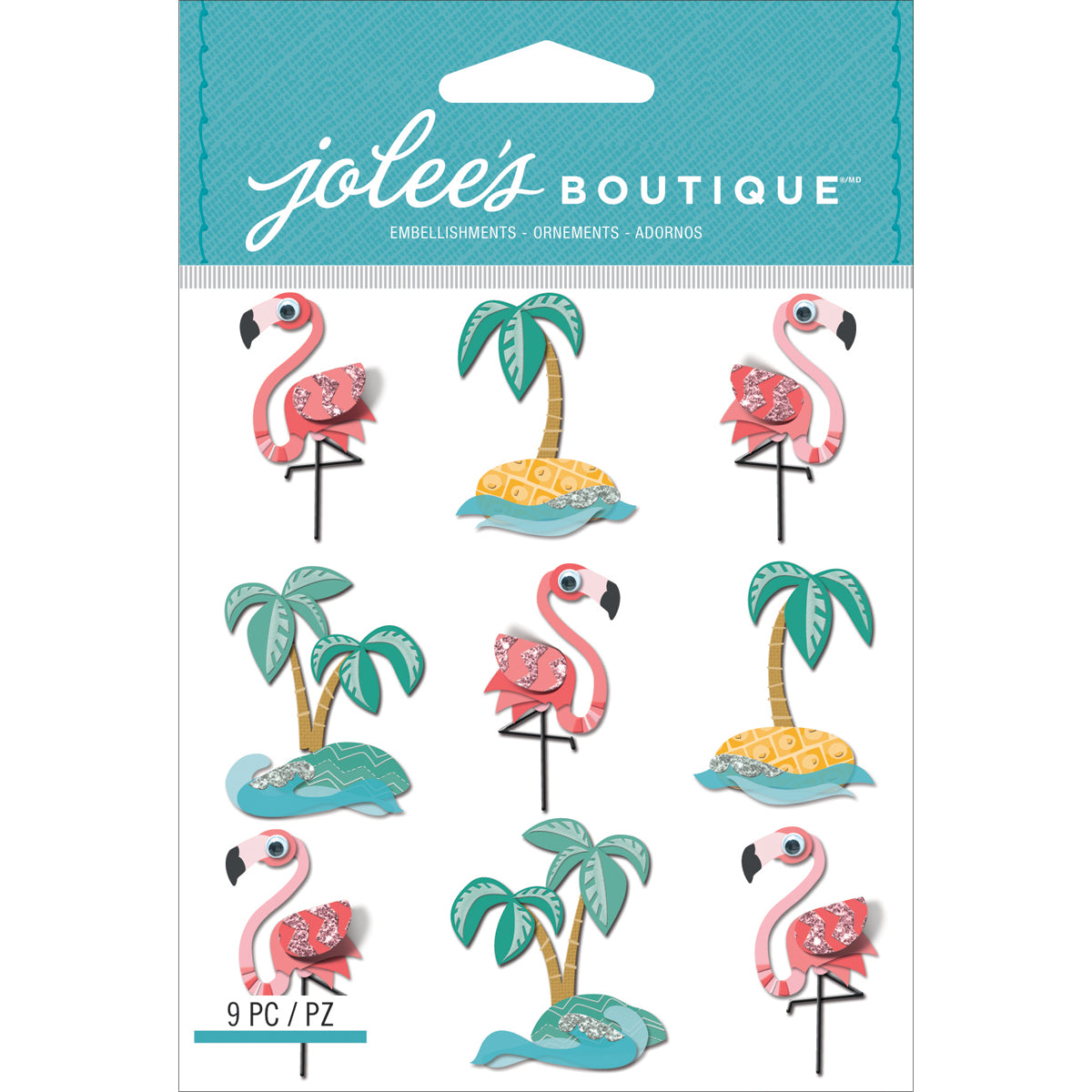 Jolee's Cabochon Dimensional Repeat Stickers-Flamingos & Palm Trees