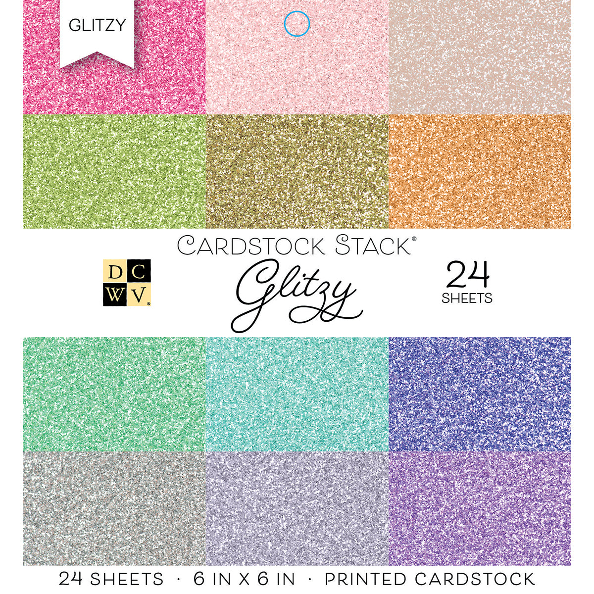 DCWV Single-Sided Cardstock Stack 6"X6" 24/Pkg-Glitzy, 12 Solid Colors/2 Each