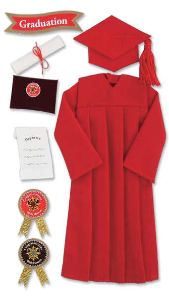 Jolee's Le Grande Dimensional Stickers-Graduation Cap & Gown - Red