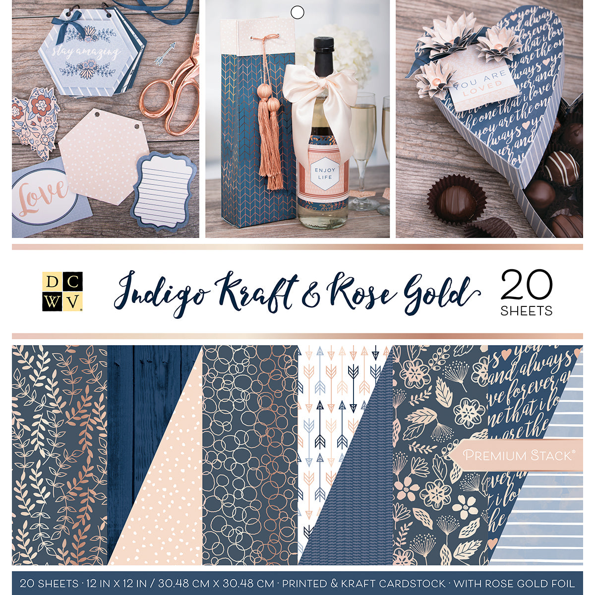 DCWV Double-Sided 12x12" Cardstock Stack  - Indigo Kraft & Rose Gold
