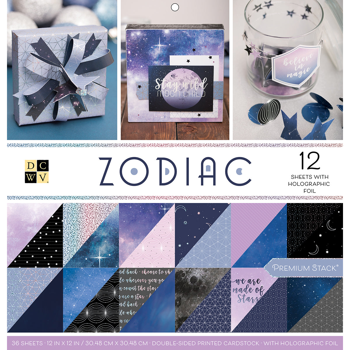 Dcwv Double-Sided Cardstock Stack 12x12 36-pkg-zodiac, 12 W-holographic Foil