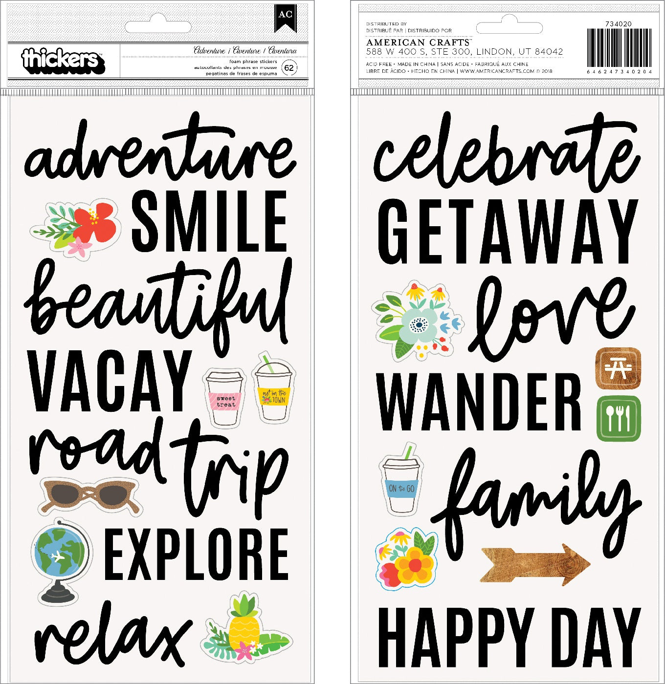 Chasing Adventures Thickers Stickers 5.5"X11" 62/Pkg-Phrase & Icon/Black Foam