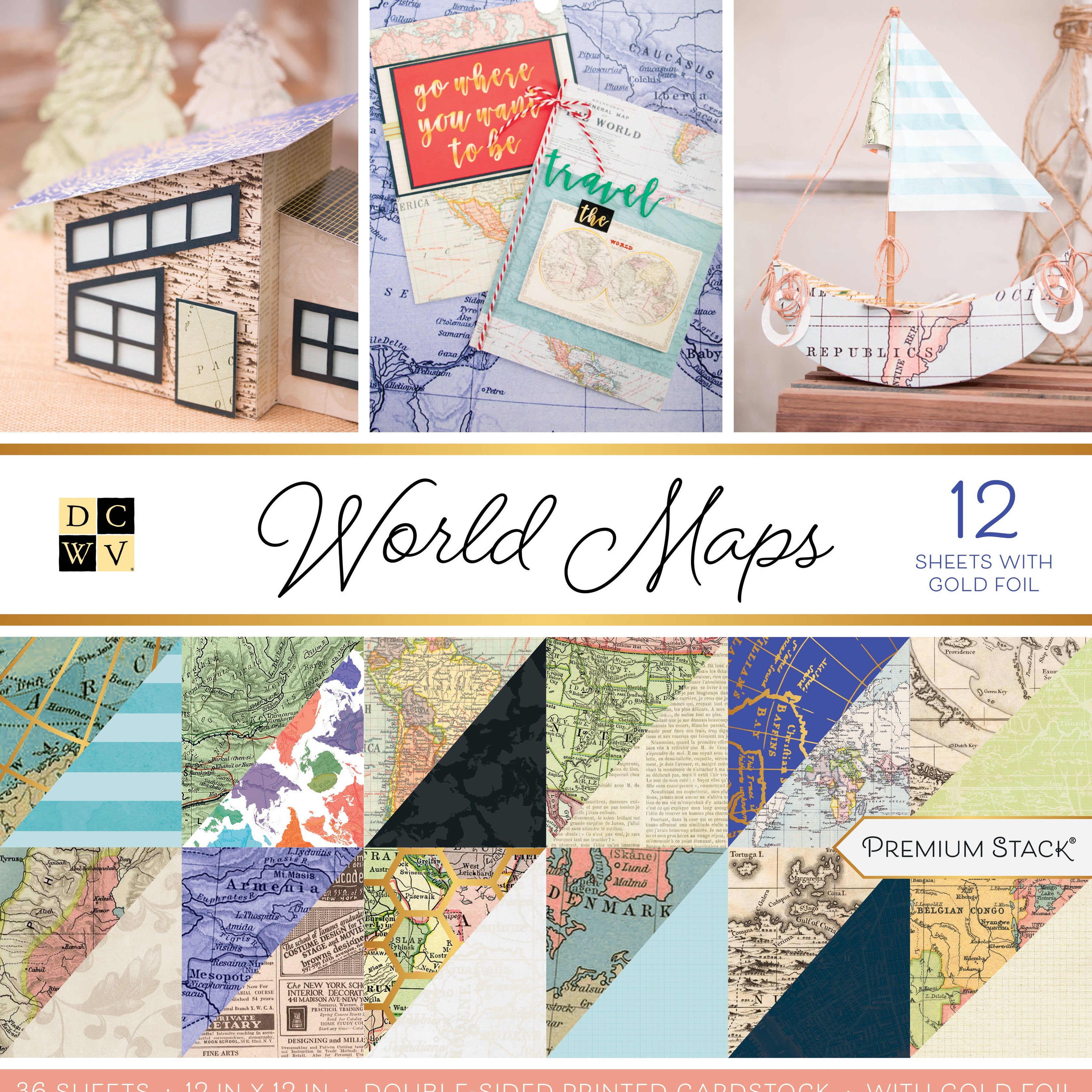 DCWV Double-Sided 12x12" Cardstock Stack - World Maps with Foil Accents