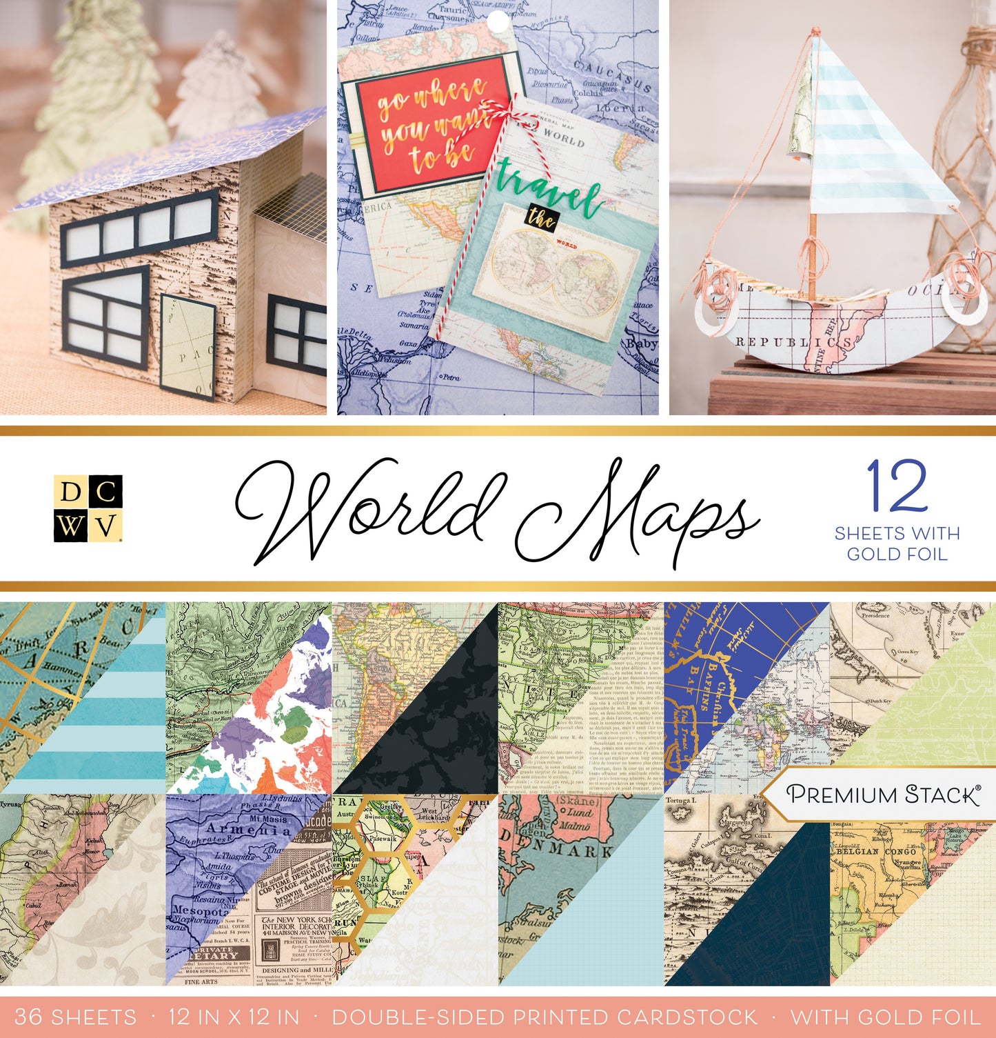 DCWV Double-Sided Cardstock Stack 12"X12" 36/Pkg-World Maps W/Foil Accents
