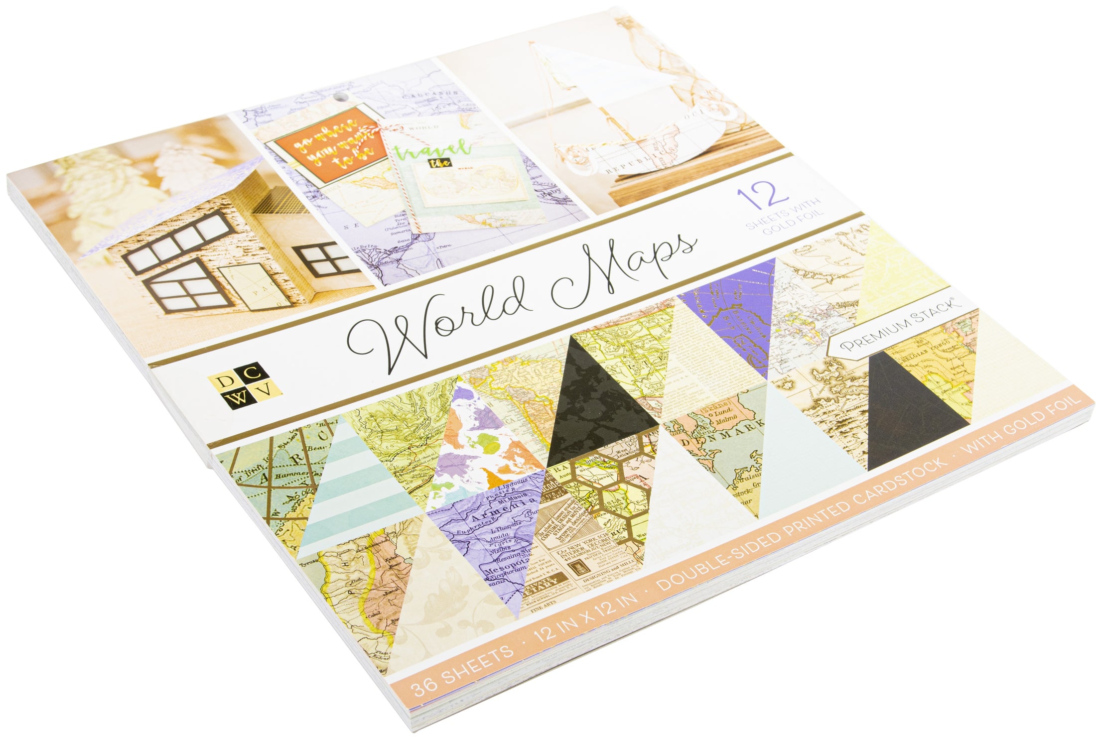 DCWV Double-Sided Cardstock Stack 12"X12" 36/Pkg-World Maps W/Foil Accents