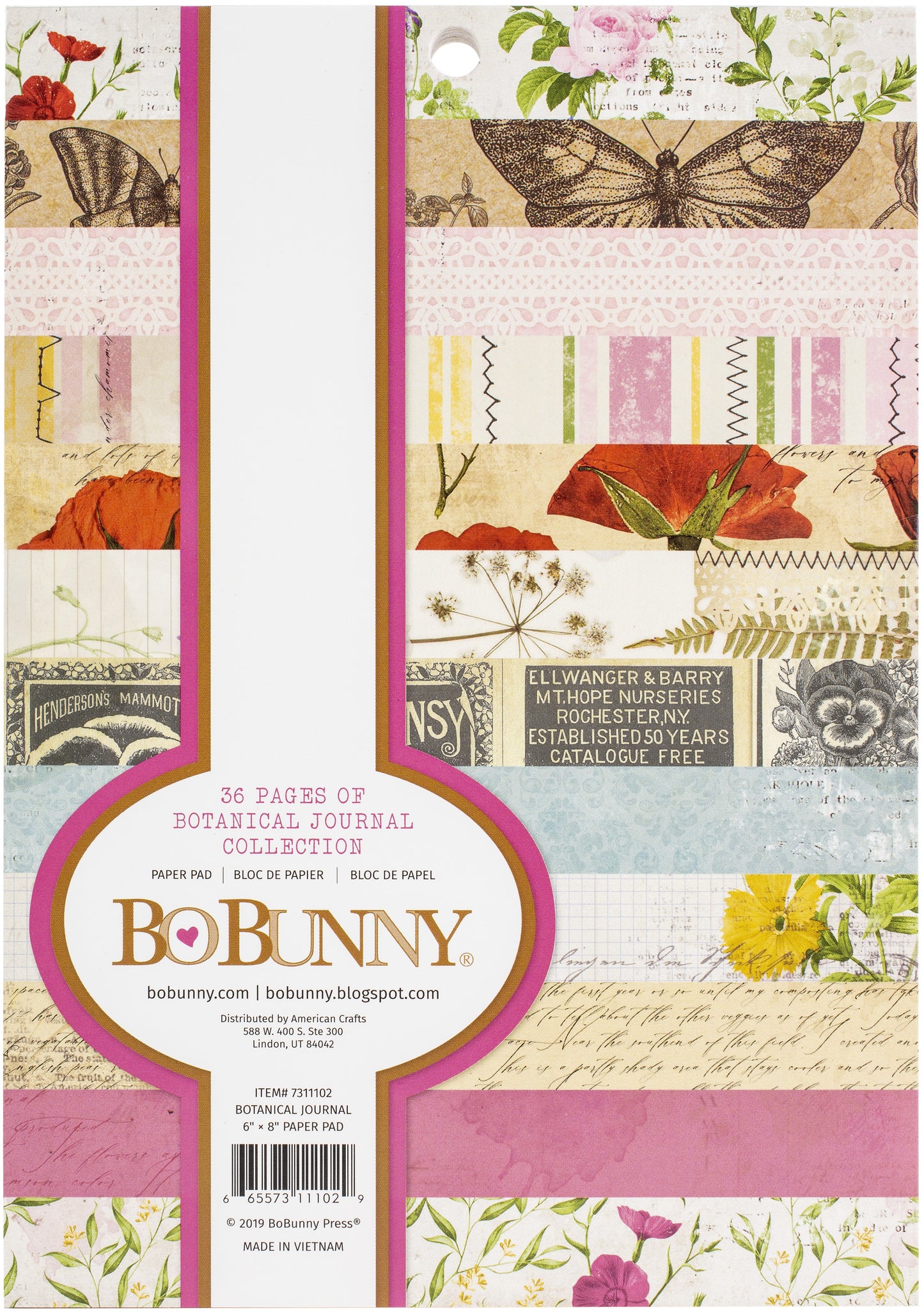 BoBunny Single-Sided Paper Pad 6"X8" 36/Pkg-Botanical Journal, 12 Designs/3 Each