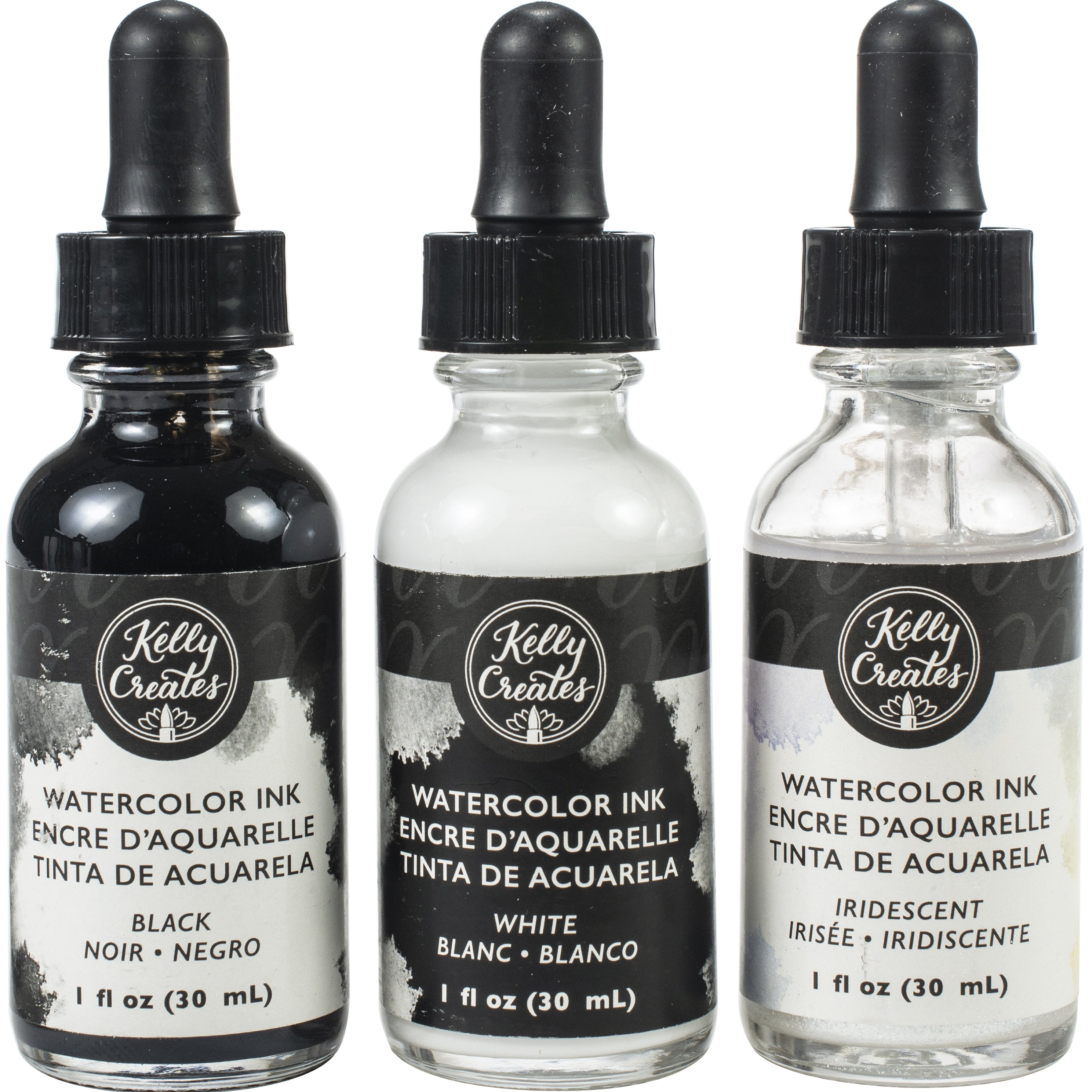 Kelly Creates Liquid Watercolor Set 3/Pkg-Black, White & Iridescent
